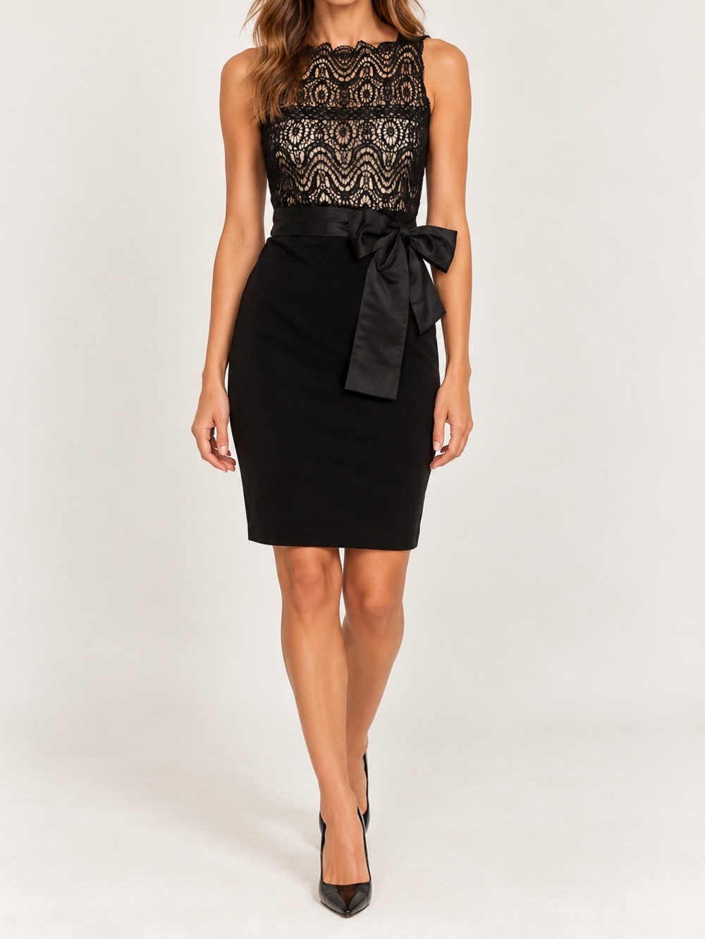 Valentino Black Lace Sheath Dress Sash Tie Waist Cocktail Sleeveless Size Medium
